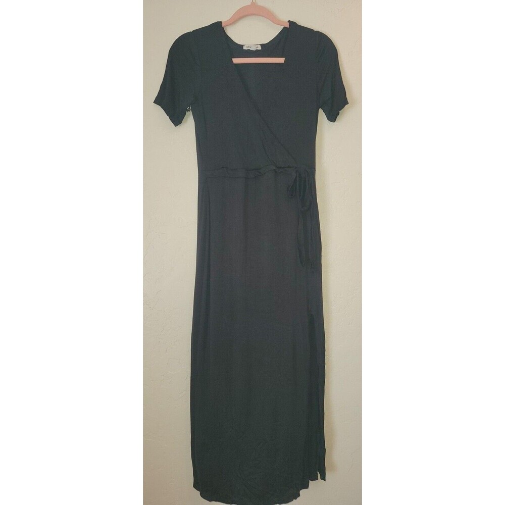 New Womens Sz S Faux Wrap Front Black Maxi Dress V-Neck High Slit Stretch Casual